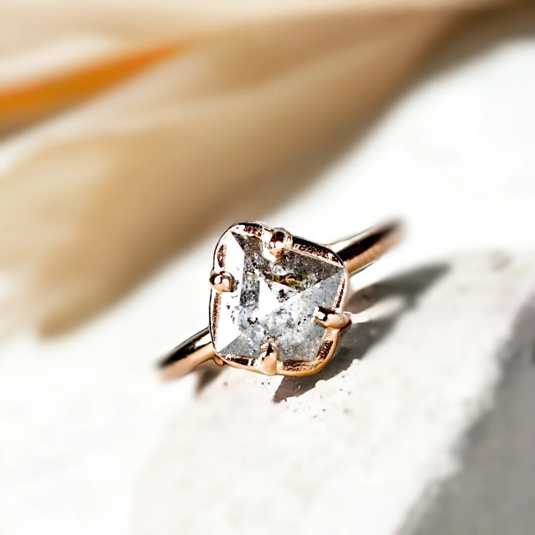 Salt and Pepper Diamond Ring 1.56 Ct Kite Cut Vintage Modern Ring featuring a kite-cut salt-and-pepper diamond with angular brilliance set on a slim straight band, showcasing a vintage-inspired geometric design with a modern refined finish and elongated elegant silhouette.