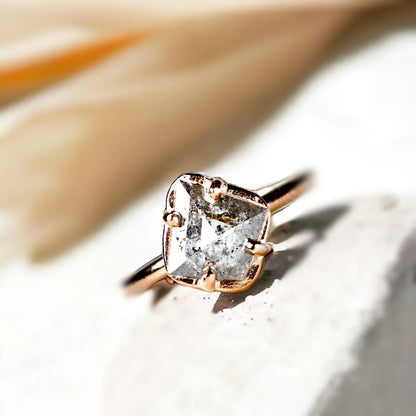 Salt and Pepper Diamond Ring 1.56 Ct Kite Cut Vintage Modern Ring featuring a kite-cut salt-and-pepper diamond with angular brilliance set on a slim straight band, showcasing a vintage-inspired geometric design with a modern refined finish and elongated elegant silhouette.