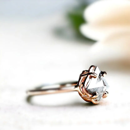 Salt and Pepper Diamond Ring 1.56 Ct Kite Cut Vintage Modern Ring featuring a kite-cut salt-and-pepper diamond with angular brilliance set on a slim straight band, showcasing a vintage-inspired geometric design with a modern refined finish and elongated elegant silhouette.