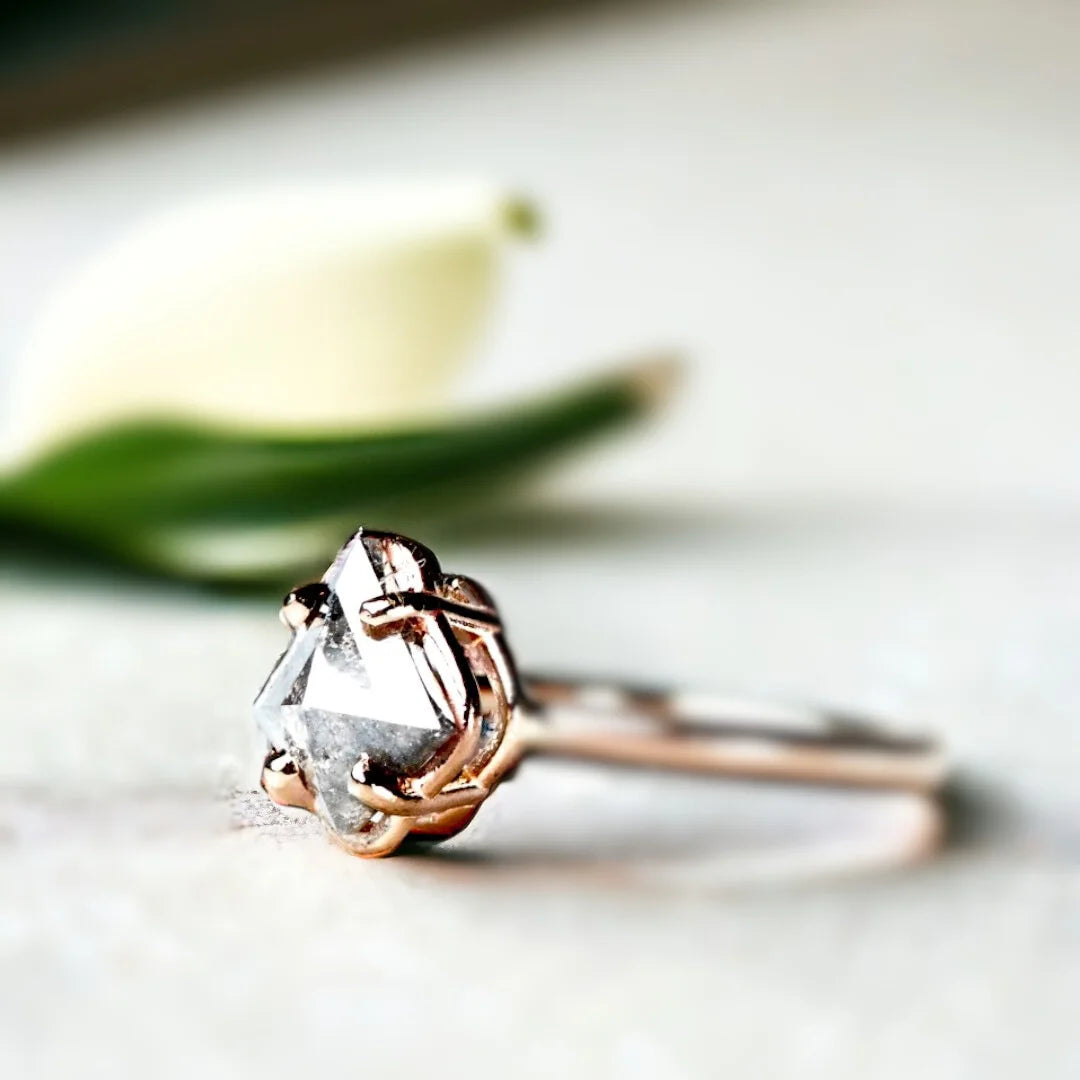 Salt and Pepper Diamond Ring 1.56 Ct Kite Cut Vintage Modern Ring featuring a kite-cut salt-and-pepper diamond with angular brilliance set on a slim straight band, showcasing a vintage-inspired geometric design with a modern refined finish and elongated elegant silhouette.