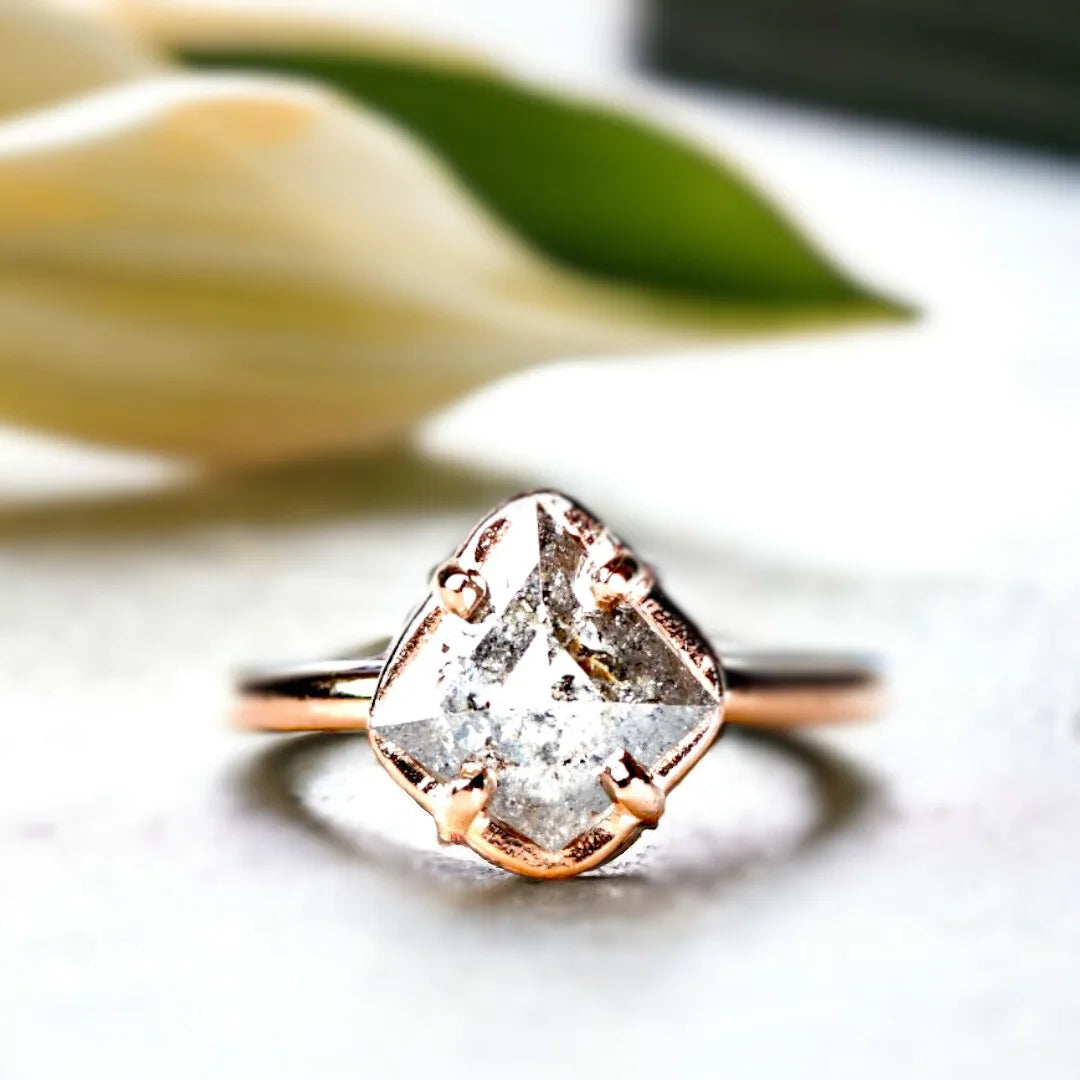 Salt and Pepper Diamond Ring 1.56 Ct Kite Cut Vintage Modern Ring featuring a kite-cut salt-and-pepper diamond with angular brilliance set on a slim straight band, showcasing a vintage-inspired geometric design with a modern refined finish and elongated elegant silhouette.