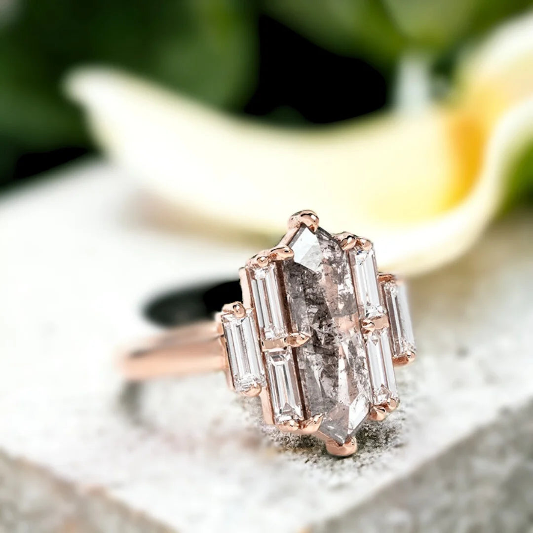 Salt and Pepper Diamond Ring 2.10 Ct Hexagon Cut Rose Gold featuring a hexagon cut natural salt and pepper diamond center stone, baguette side diamonds, rose gold straight shank band, handcrafted setting, and modern geometric ring design.
