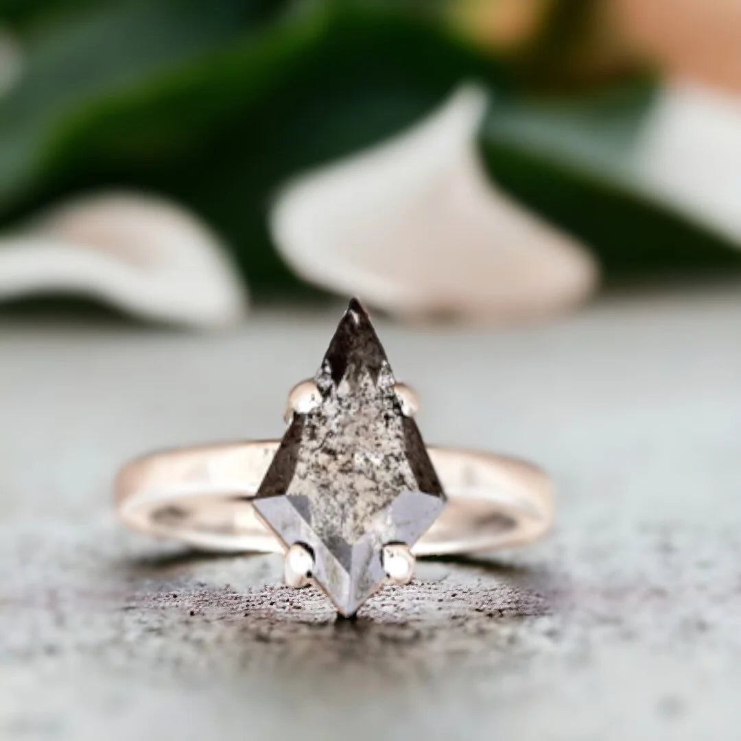 Salt and Pepper Diamond Ring With 2.10 Ct Kite Cut Diamond featuring a kite shaped salt and pepper diamond in a minimalist solitaire setting with a white metal straight shank band and clean modern design.