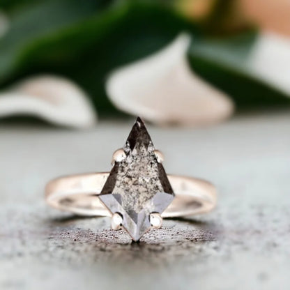 Salt and Pepper Diamond Ring With 2.10 Ct Kite Cut Diamond featuring a kite shaped salt and pepper diamond in a minimalist solitaire setting with a white metal straight shank band and clean modern design.