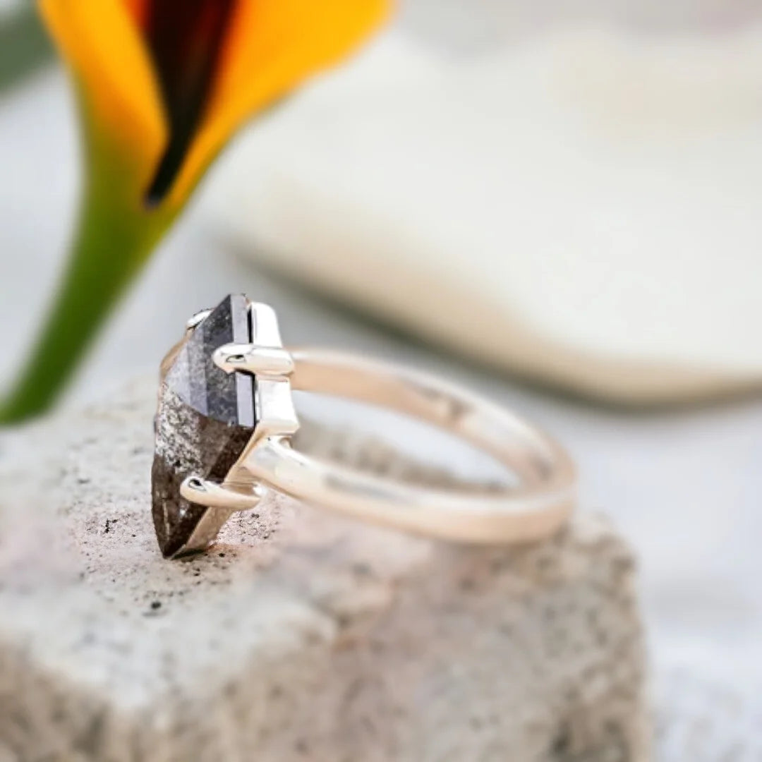 Salt and Pepper Diamond Ring With 2.10 Ct Kite Cut Diamond featuring a kite shaped salt and pepper diamond in a minimalist solitaire setting with a white metal straight shank band and clean modern design.