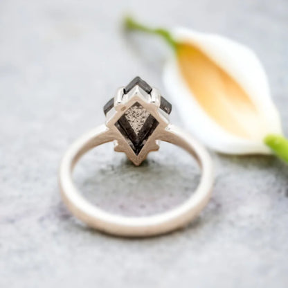 Salt and Pepper Diamond Ring With 2.10 Ct Kite Cut Diamond featuring a kite shaped salt and pepper diamond in a minimalist solitaire setting with a white metal straight shank band and clean modern design.