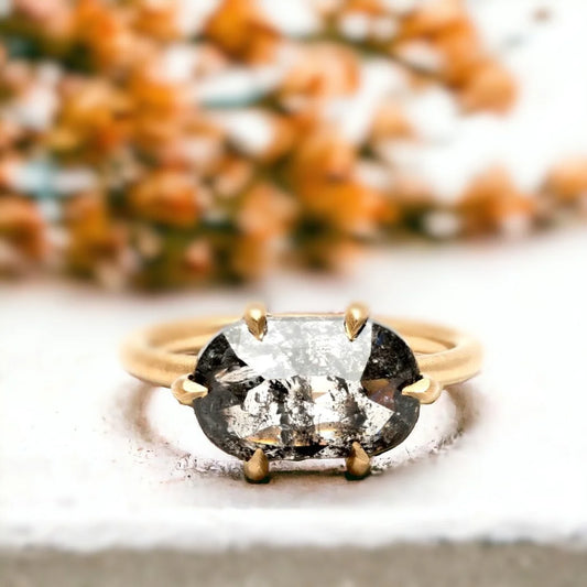 Salt and Pepper Diamond Ring with 4.22 Ct Rose Oval Diamond featuring a large rose oval cut salt and pepper diamond in a minimalist solitaire style with an organic textured handmade band and slender straight shank design.