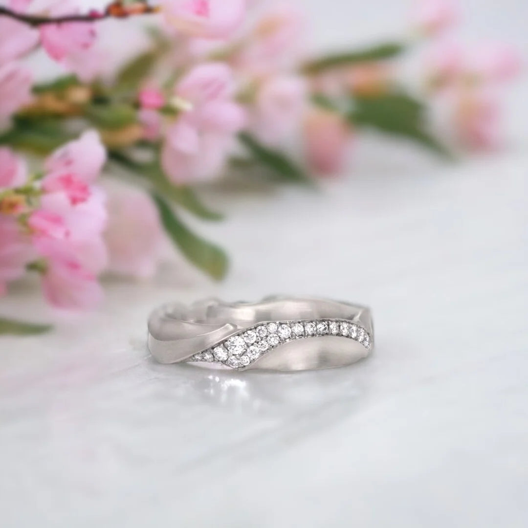 Salt and Pepper Diamond Ring Hand-Carved Ripple Band Matte Finish Ring showing a round-cut salt-and-pepper diamond set in a dual straight band design with matte finish metal and clean geometric structure