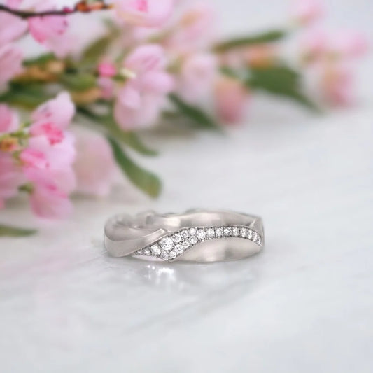 Salt and Pepper Diamond Ring Hand-Carved Ripple Band Matte Finish Ring showing a round-cut salt-and-pepper diamond set in a dual straight band design with matte finish metal and clean geometric structure