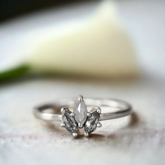 Salt and Pepper Diamond Ring Marquise Solitaire Design featuring a natural marquise-cut salt-and-pepper diamond in a solitaire setting with a straight shank band and minimalist, vintage-inspired ring style.