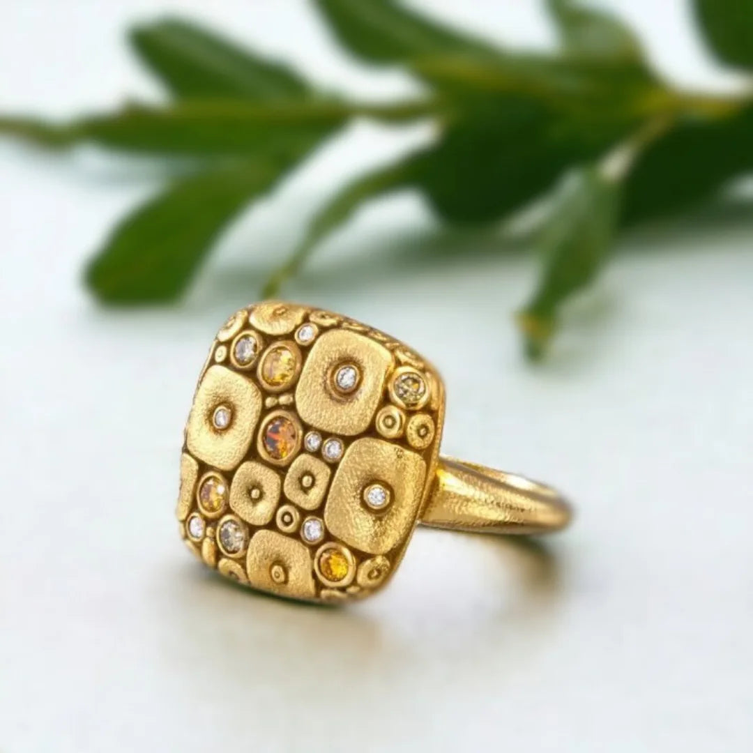 Salt and Pepper Diamond Ring with Natural White Diamond Dome Design featuring round natural salt and pepper diamonds in a multi-stone dome ring style with a sculptural tapered band.