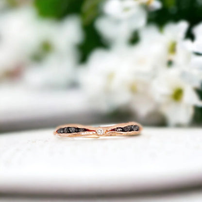 Salt and Pepper Diamond Ring Rose Gold Diamond Chip Ring featuring a round-cut salt-and-pepper diamond in a rose gold slim band with uncut dark brown side stones and an organic textured design