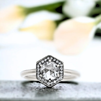 Salt and Pepper Diamond Ring with Rose Round-Cut Diamond featuring a rose round-cut salt-and-pepper diamond center stone with round accent diamonds, straight shank band, handcrafted minimalist design, and refined diamond setting.