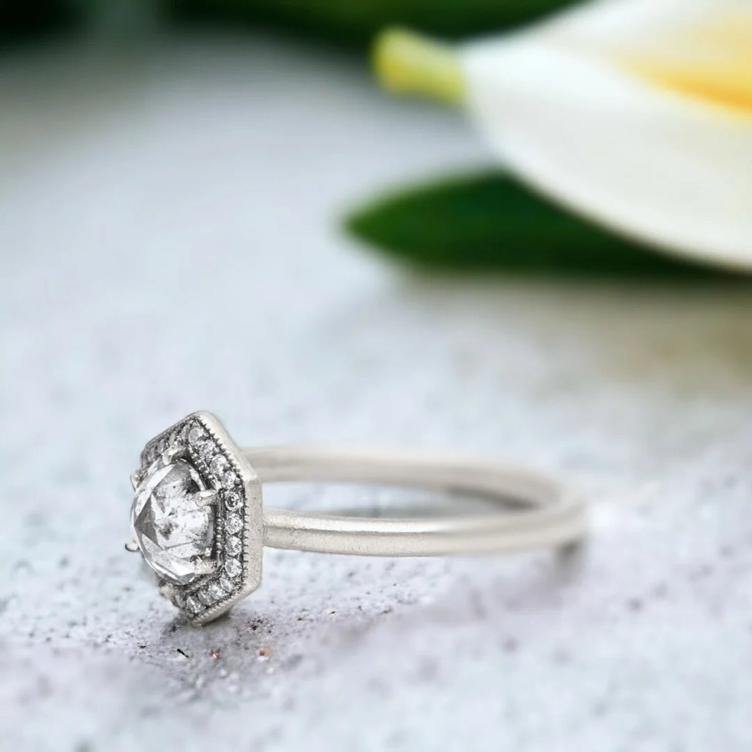 Salt and Pepper Diamond Ring with Rose Round-Cut Diamond featuring a rose round-cut salt-and-pepper diamond center stone with round accent diamonds, straight shank band, handcrafted minimalist design, and refined diamond setting.