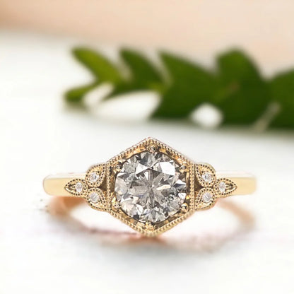 Salt and Pepper Diamond Ring Vintage-inspired Handmade Bespoke Design featuring a round-cut natural salt and pepper diamond center stone with round accent diamonds in a vintage-inspired bespoke ring style.