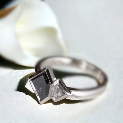 Salt and Pepper Diamond Ring Double Shield Diamond Design featuring a 1.18 CT shield-cut salt-and-pepper diamond with grey shield-shaped side diamonds in a geometric statement ring design with a straight shank band.