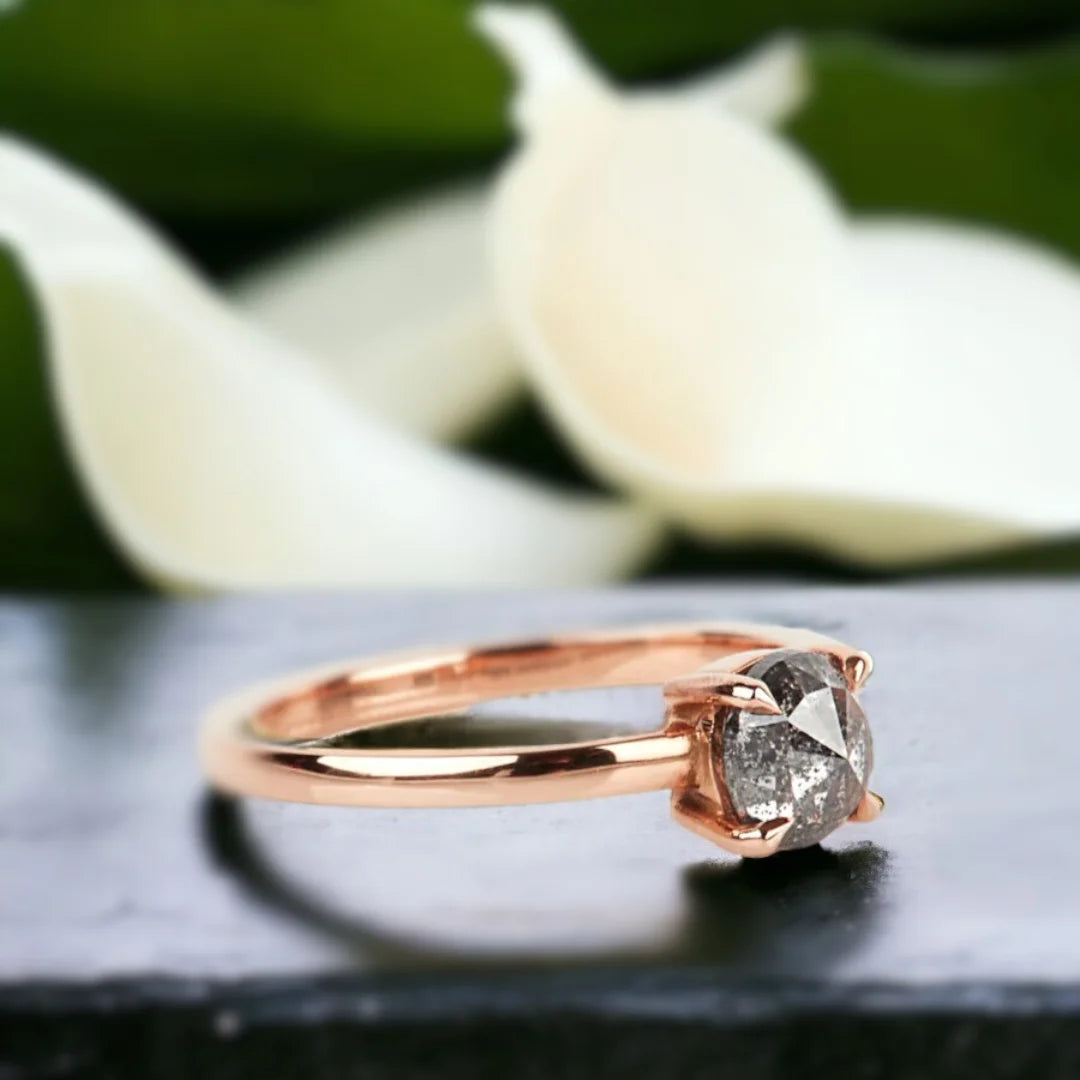 Salt and Pepper Diamond Ring with Vintage Rose Cut Diamond featuring a vintage rose-cut salt-and-pepper diamond center stone in a minimalist solitaire style with a straight shank band and elegant handcrafted design.