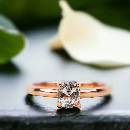 Salt and Pepper Diamond Ring with Vintage Rose Cut Diamond featuring a vintage rose-cut salt-and-pepper diamond center stone in a minimalist solitaire style with a straight shank band and elegant handcrafted design.