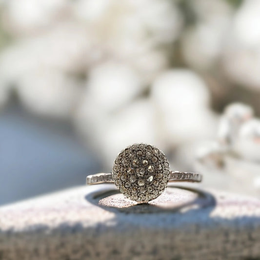 Salt and Pepper Diamond Stud Earrings Rustic Bohemian Bridal Set featuring round rose-cut salt-and-pepper diamonds with grey tones, classic stud settings, and a handcrafted bohemian-inspired design.