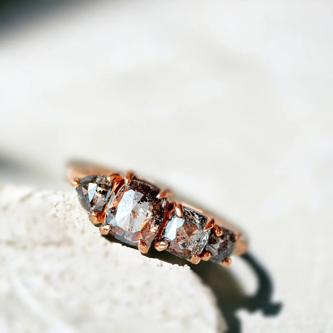 Salt and Pepper Diamond Trio Splice Ring with Rose-Cut Diamond featuring a natural grey-toned salt and pepper diamond in a rose vintage cut, trio splice ring design with a straight shank and slim 1.80 mm band, handcrafted fine jewellery style with a raw, elegant gemstone appearance.