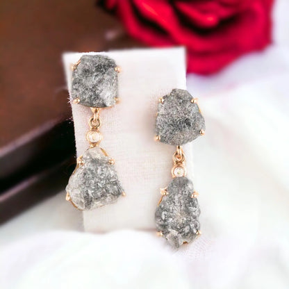 Salt and Pepper Gemstone Drop Earrings, Natural Raw Artisan Design featuring handcrafted drop earrings with natural uncut salt and pepper gemstones, grey tones, organic texture, and a screw-back closure in an artisan statement jewellery style
