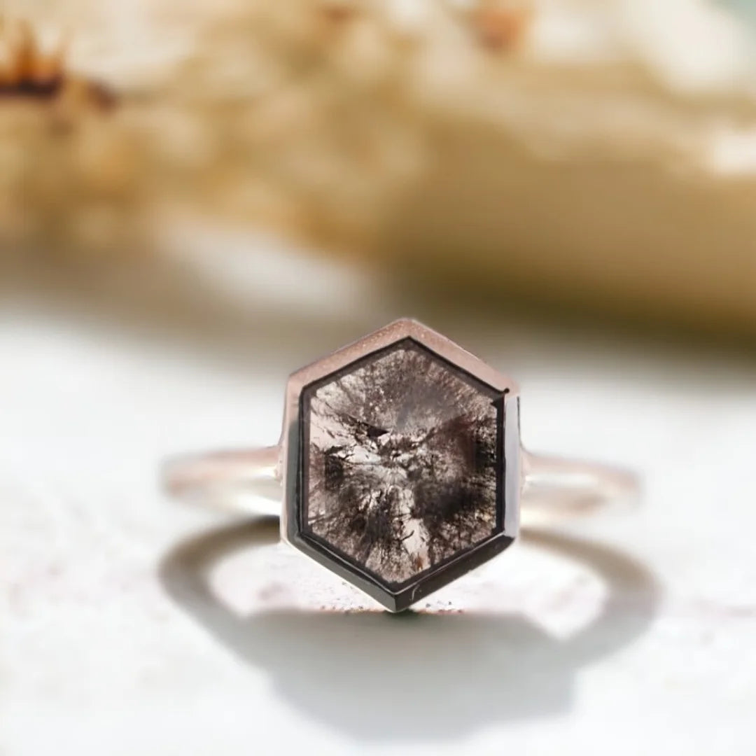 CARRA Vintage Diamond Ring Classic Elegant Design featuring a salt-and-pepper hexagon diamond with a 2.17 CT grey-toned centrepiece set in a handcrafted ring with a straight shank design and 1.70 mm band showcasing a bold geometric and modern aesthetic suitable for engagement and statement wear
