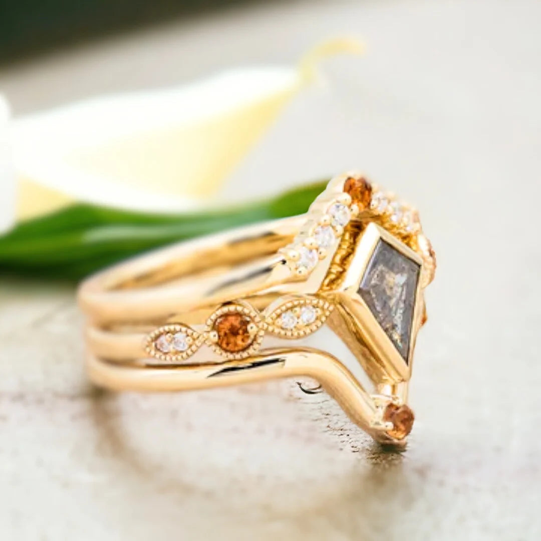 Salt and Pepper Kite Cut Diamond Engagement Ring Fiery Design 1.45 Ct featuring a kite-cut salt-and-pepper diamond in a geometric engagement ring design with round diamond accents, a straight shank band, and a balanced handcrafted setting.