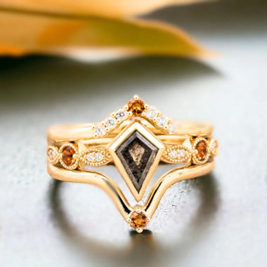 Salt and Pepper Kite Cut Diamond Engagement Ring Fiery Design 1.45 Ct featuring a kite-cut salt-and-pepper diamond in a geometric engagement ring design with round diamond accents, a straight shank band, and a balanced handcrafted setting.