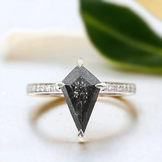 Salt and Pepper Kite Diamond Ring Athena Handcrafted Unique Jewelry featuring a kite-cut salt-and-pepper diamond in a white metal ring with round side diamonds, side stone accent setting, straight shank band, and contemporary geometric design.
