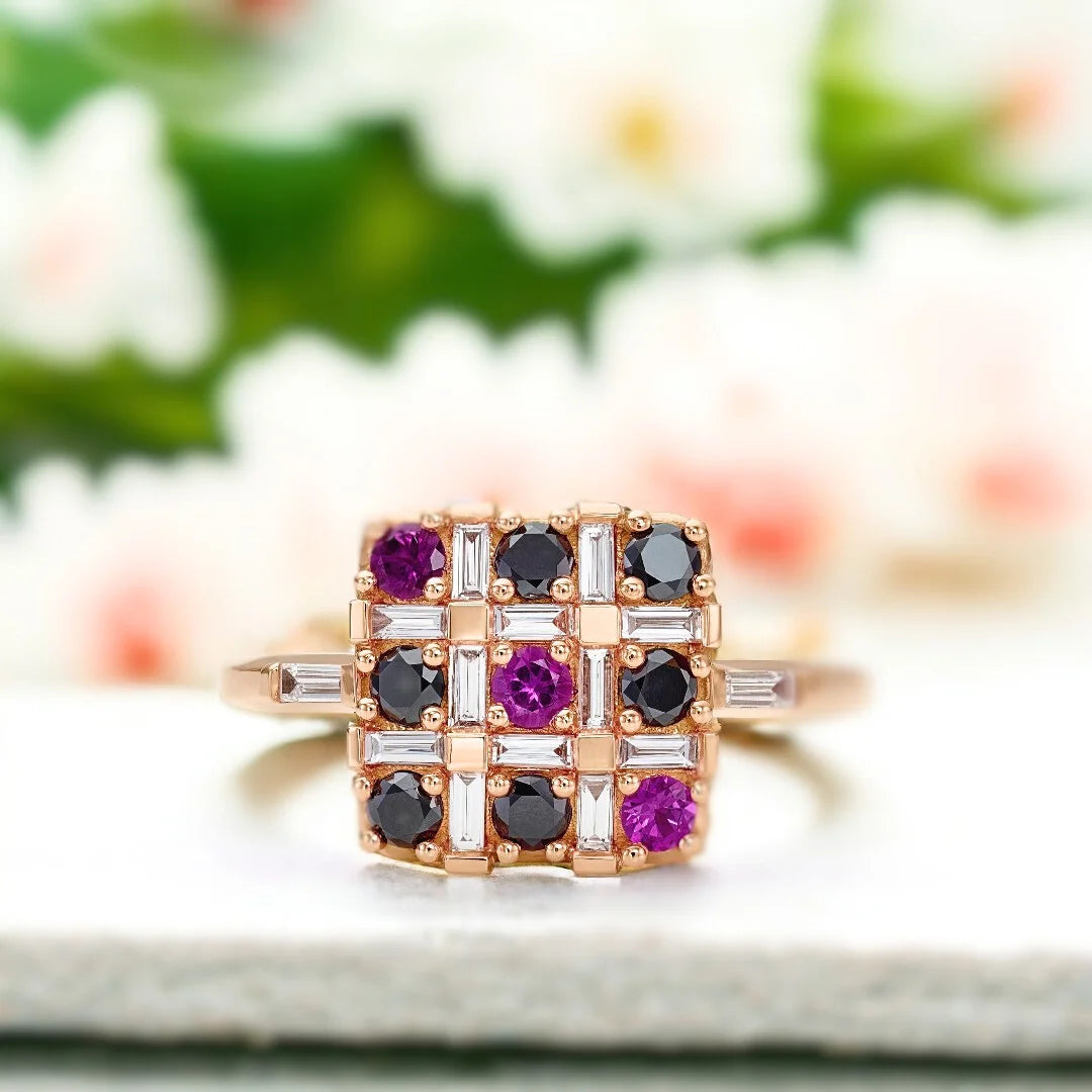 Salt and Pepper Multi Diamond Ring XO Black Diamond Pink Ruby Design featuring a baguette-cut salt-and-pepper diamond focal stone, round black diamond accents, ruby detailing, and a slim straight shank 1.75mm band with a modern mixed gemstone design and white diamond accents