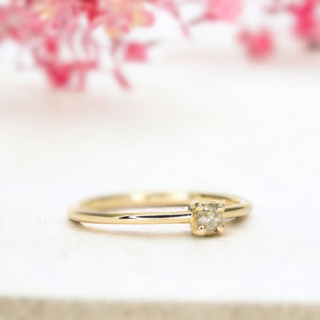 Salt and Pepper Rose Cushion Diamond Ring Moonlit Dreams Ring featuring a natural salt and pepper diamond in a rose cushion cut with soft grey tones, set on a slim straight band with a minimalist handcrafted design and elegant profile.