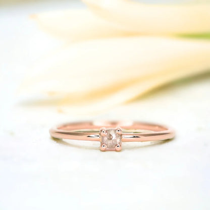 Salt and Pepper Rose Round Diamond Ring Moonlit Dreams Ring featuring a natural salt and pepper diamond in a rose cushion cut with soft grey tones, set on a slim straight band with a minimalist handcrafted design and elegant profile.