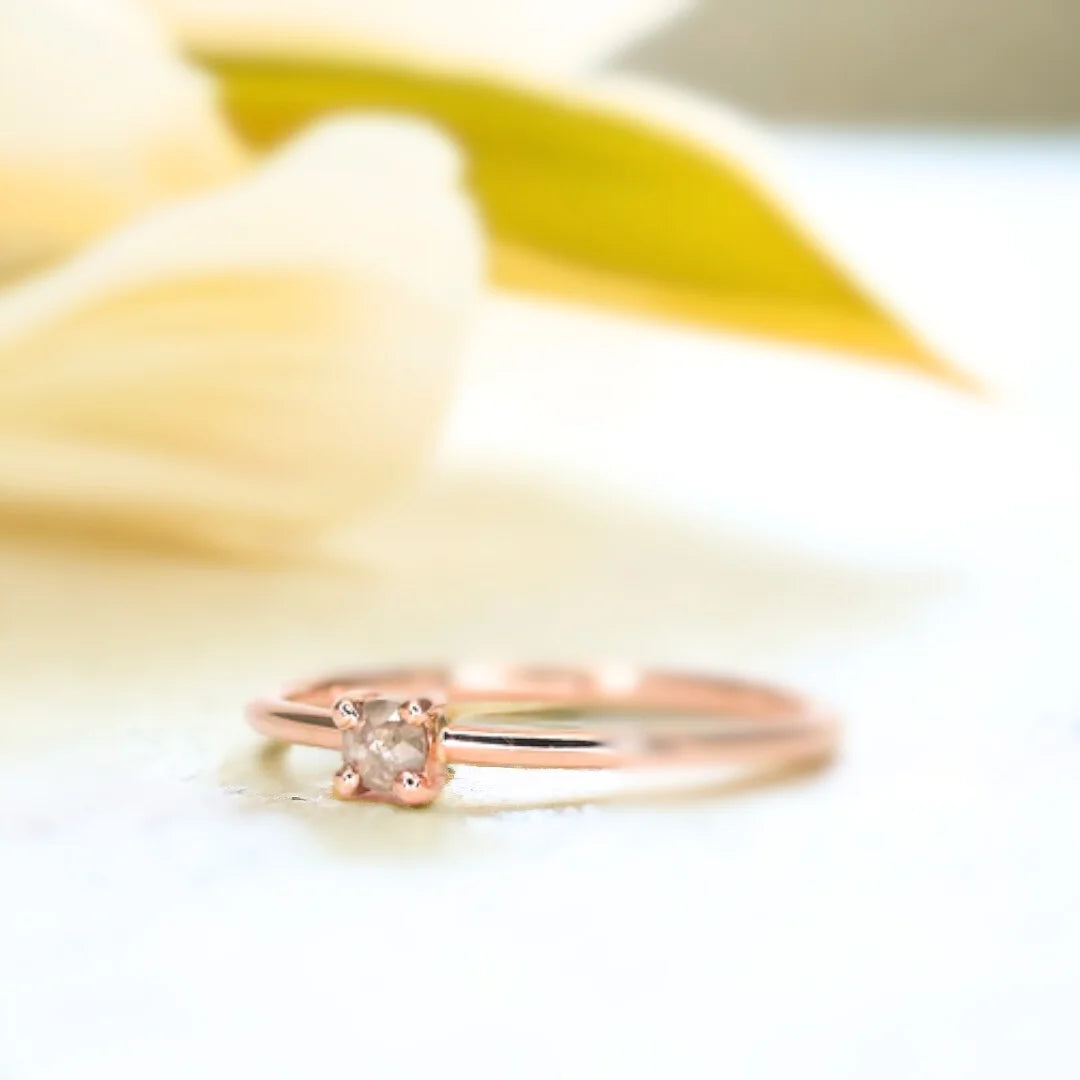 Salt and Pepper Rose Cushion Diamond Ring Moonlit Dreams Ring featuring a natural salt and pepper diamond in a rose cushion cut with soft grey tones, set on a slim straight band with a minimalist handcrafted design and elegant profile.