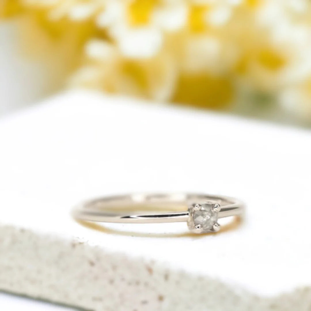 Salt and Pepper Rose Cushion Diamond Ring Moonlit Dreams Ring featuring a natural salt and pepper diamond in a rose cushion cut with soft grey tones, set on a slim straight band with a minimalist handcrafted design and elegant profile.