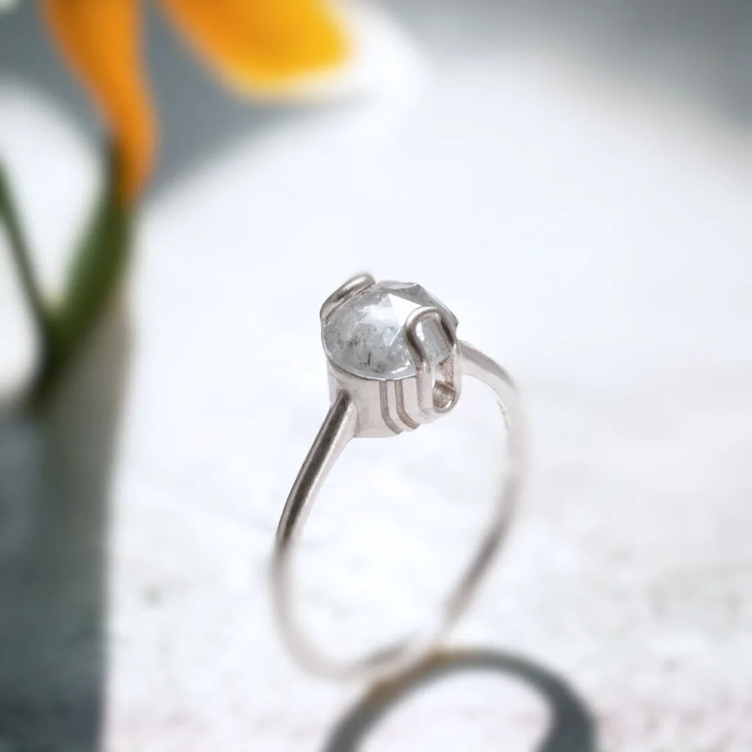 Salt and Pepper Round Diamond Ring Ethical Unique Design featuring a 1.70 CT rose round-cut salt-and-pepper diamond in a solitaire setting with a straight shank band and minimalist contemporary ring style.