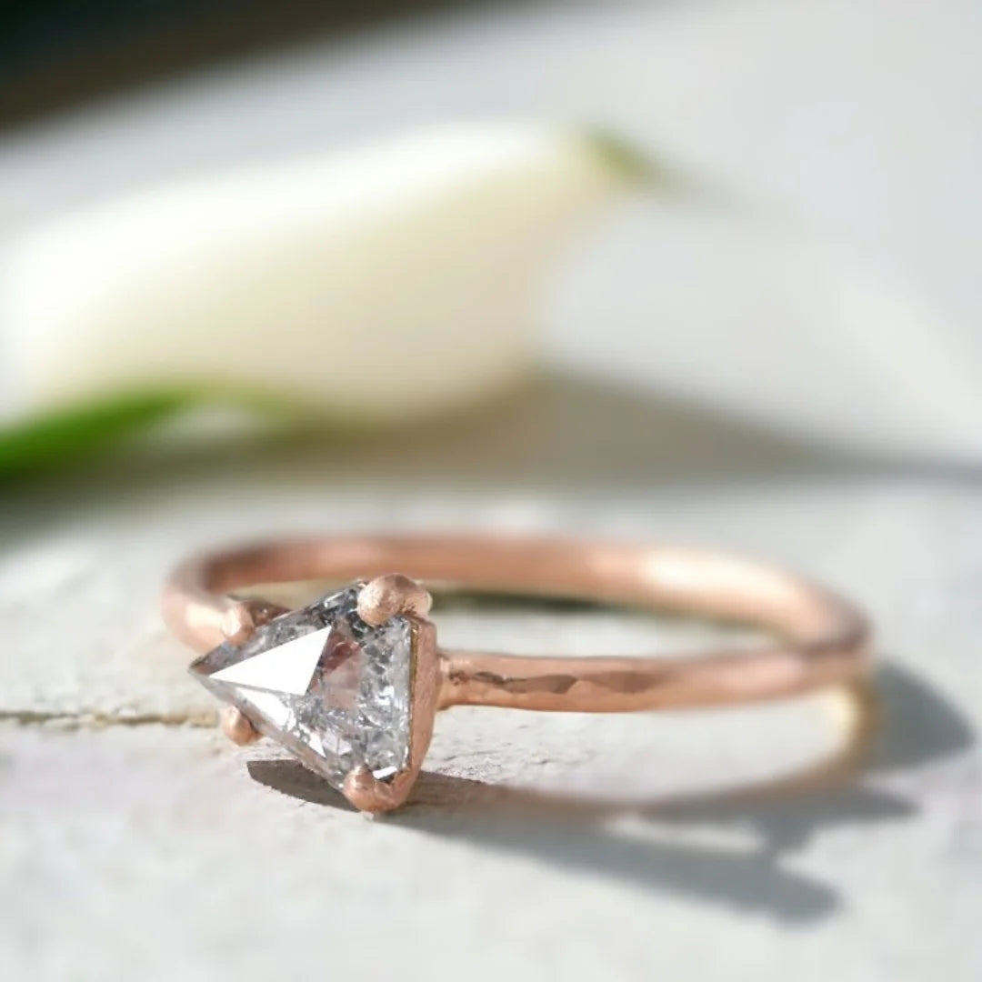 Shield Cut Natural Diamond Ring With Elegant Unique Sparkle featuring a rose shield-cut salt-and-pepper diamond with natural inclusions, set in a minimalist straight shank ring with a geometric shield shape design and elegant handcrafted style.