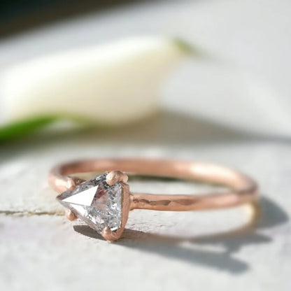 Shield Cut Natural Diamond Ring With Elegant Unique Sparkle featuring a rose shield-cut salt-and-pepper diamond with natural inclusions, set in a minimalist straight shank ring with a geometric shield shape design and elegant handcrafted style.