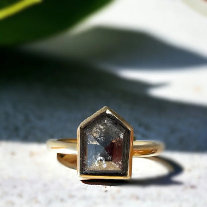 Shield Salt and Pepper Diamond Ring Amethyst Shield Cut Design featuring a shield-cut salt-and-pepper diamond with 1.28 ct center stone set in a geometric minimalist design with straight shank band and refined artisan craftsmanship