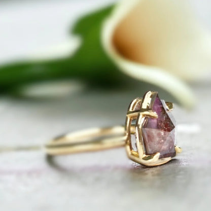 Shield Salt and Pepper Diamond Ring with 2.80 CT Shield Cut Stone featuring a shield cut salt and pepper diamond in a minimalist geometric ring design with a straight shank band and distinctive natural inclusions.