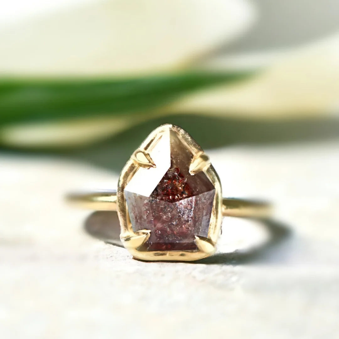 Shield Salt and Pepper Diamond Ring with 2.80 CT Shield Cut Stone featuring a shield cut salt and pepper diamond in a minimalist geometric ring design with a straight shank band and distinctive natural inclusions.