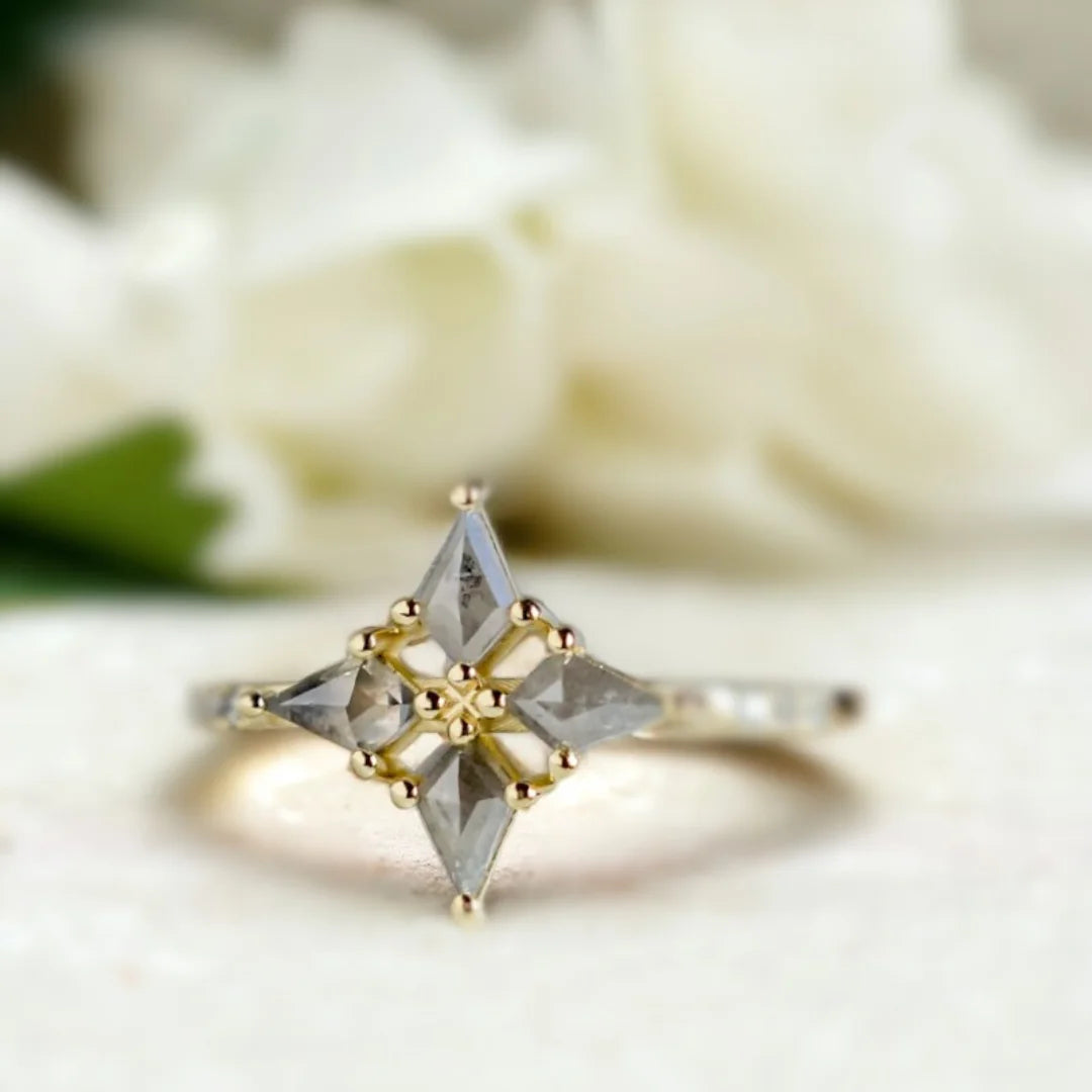 Snowflake Salt And Pepper Kite Diamond Engagement Ring Cluster Ring featuring natural kite cut salt and pepper diamonds in a four stone geometric cluster design with grey accent diamonds and a modern minimalist engagement ring style.