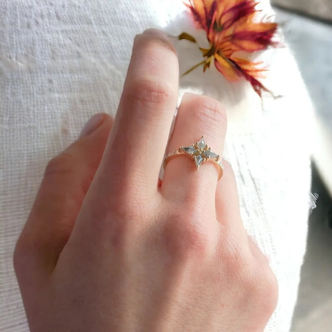 Snowflake Salt And Pepper Kite Diamond Engagement Ring Cluster Ring featuring natural kite cut salt and pepper diamonds in a four stone geometric cluster design with grey accent diamonds and a modern minimalist engagement ring style.