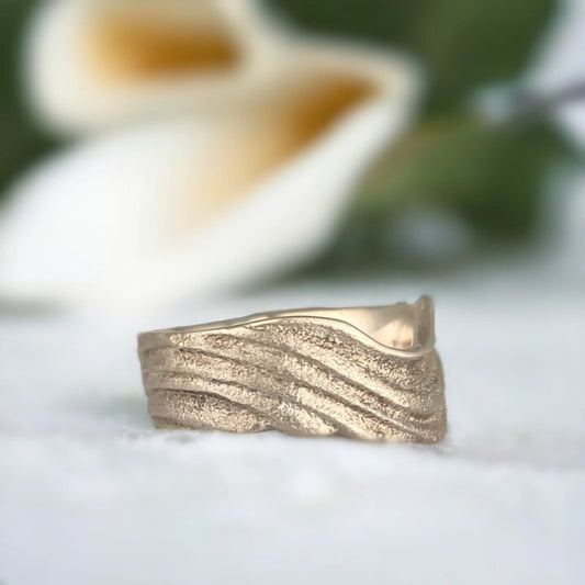 Solid Gold Band Ring Ocean Breeze Sand Textured Polished Finish solid gold ring featuring a sand-textured surface, polished finish, reverse-tapered sculptural design, straight shank, comfort fit, handcrafted modern styling