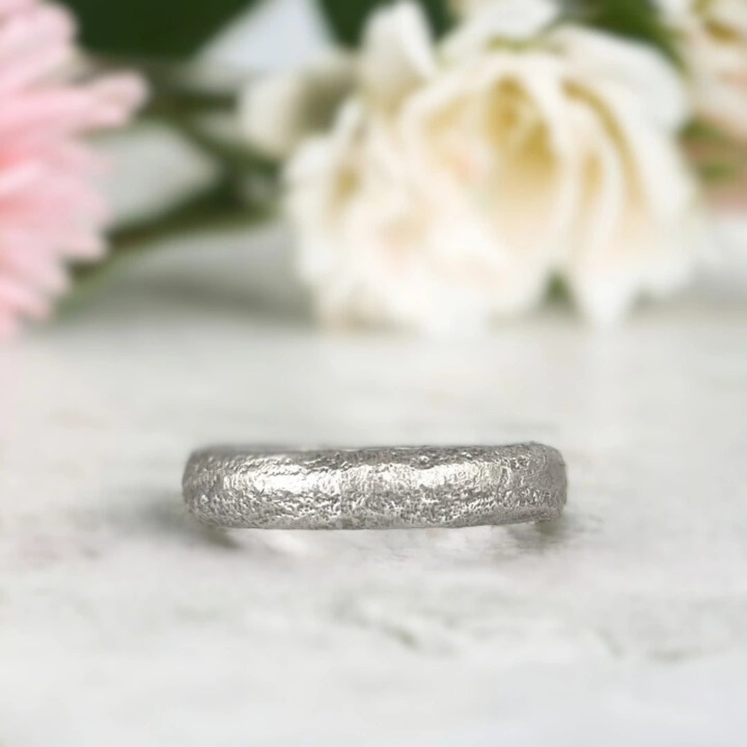 Solid Gold Band Ring San José Wedding Band Inspired Cartagena Treasure featuring a solid gold finish with a 5.00 mm band width, straight shank structure, and organic handcrafted textured surface in a minimalist wedding band design