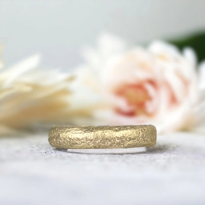 Solid Gold Band Ring San José Wedding Band Inspired Cartagena Treasure featuring a solid gold finish with a 5.00 mm band width, straight shank structure, and organic handcrafted textured surface in a minimalist wedding band design