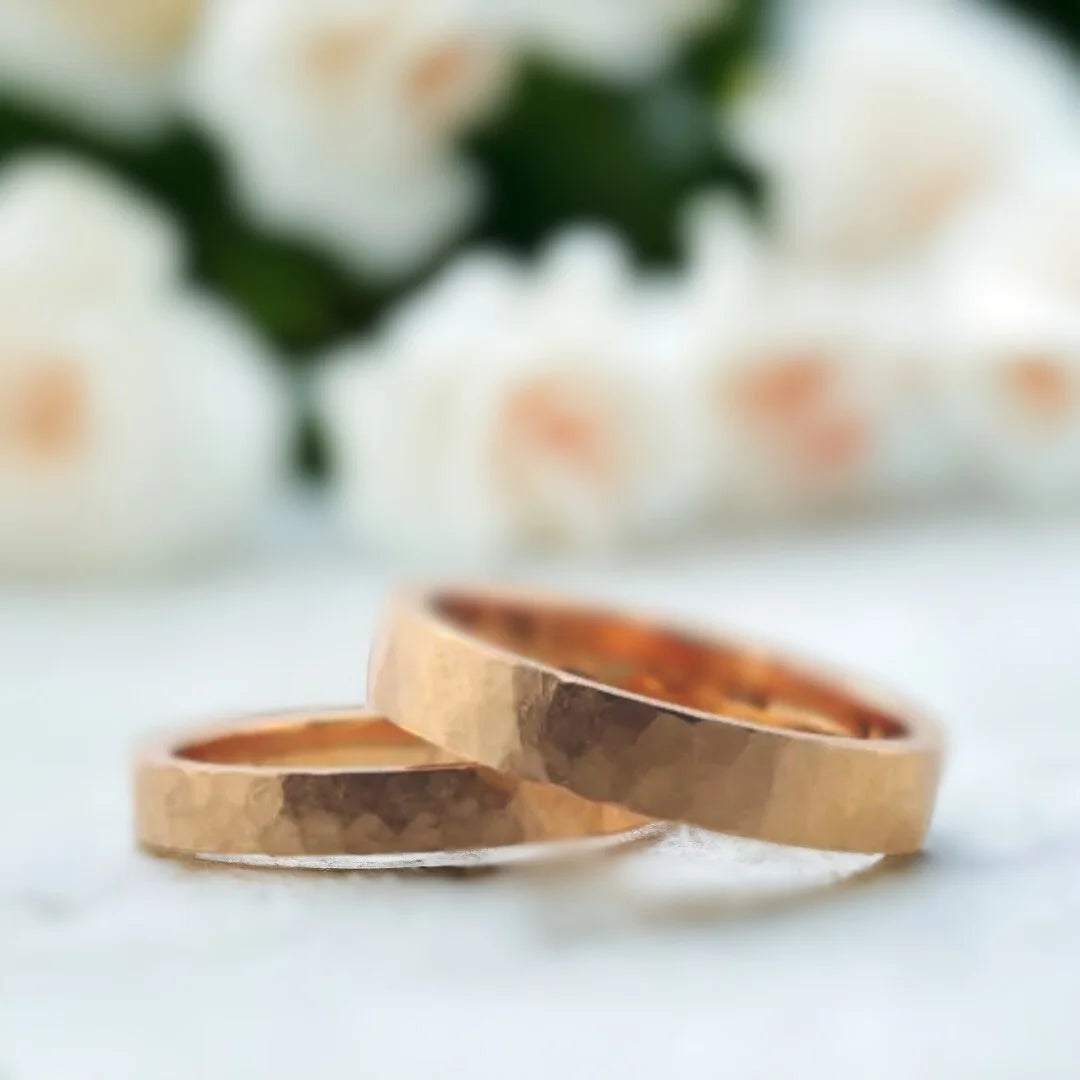 Solid Gold Wedding Band Handcrafted Minimalist Design featuring a solid gold band with a straight shank, organic handcrafted texture, layered band appearance, and a minimalist wedding ring style.