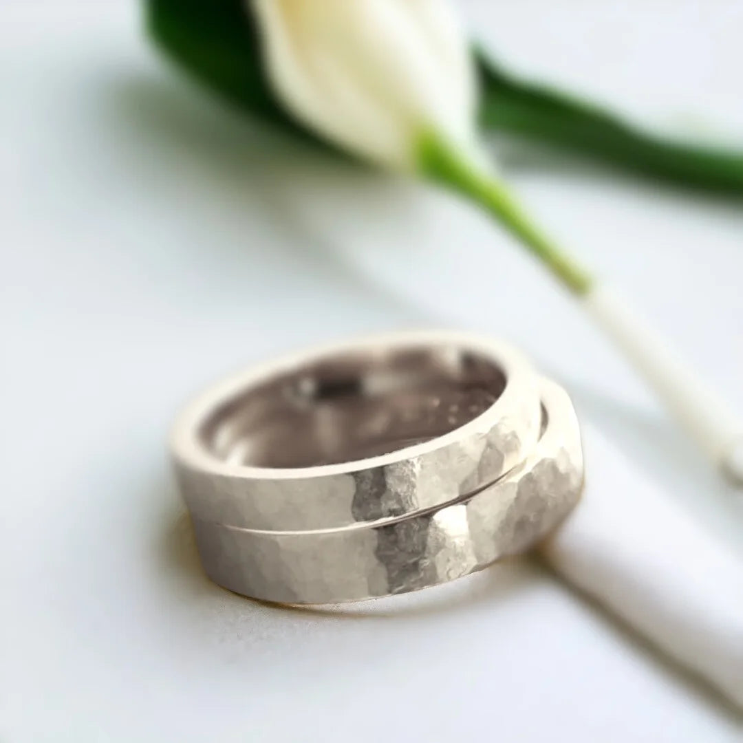 Solid Gold Wedding Band Handcrafted Minimalist Design featuring a solid gold band with a straight shank, organic handcrafted texture, layered band appearance, and a minimalist wedding ring style.