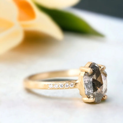 Step Hexagon Salt and Pepper Diamond Ring Engagement Natural Duo Design featuring a step hexagon cut salt and pepper diamond center stone with visible natural inclusions, accented by round side diamonds, set on a straight shank band with a modern geometric engagement ring style.