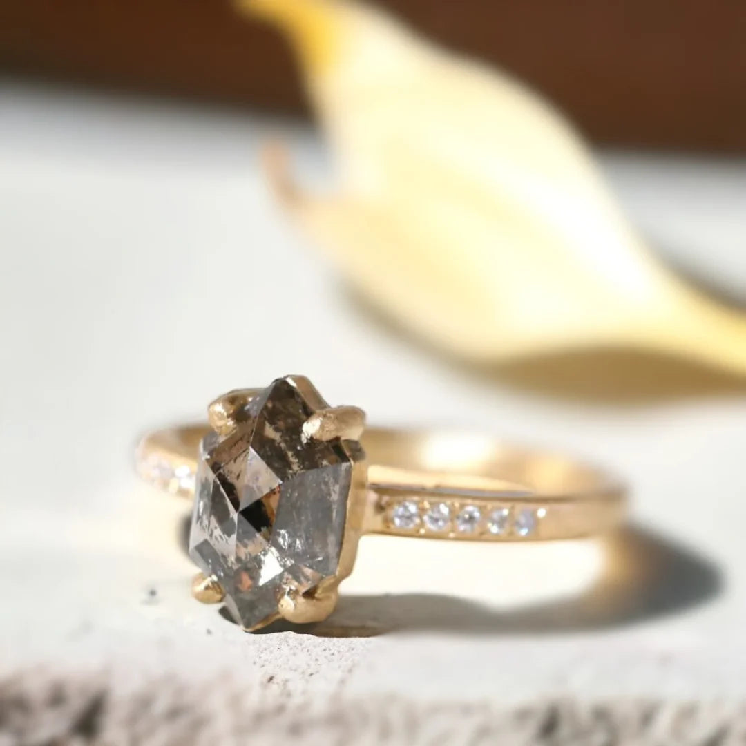 Step Hexagon Salt and Pepper Diamond Ring Engagement Natural Duo Design featuring a step hexagon cut salt and pepper diamond center stone with visible natural inclusions, accented by round side diamonds, set on a straight shank band with a modern geometric engagement ring style.