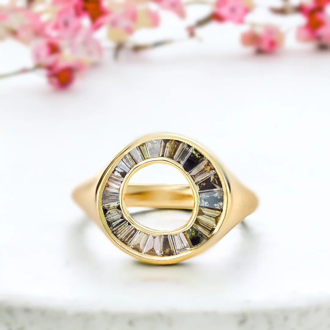 Tapered Baguette Salt and Pepper Diamond Ring Grey Sphere OOAK Design featuring a tapered baguette salt and pepper diamond with grey to black tones, split shank structure, and a modern slim band ring design